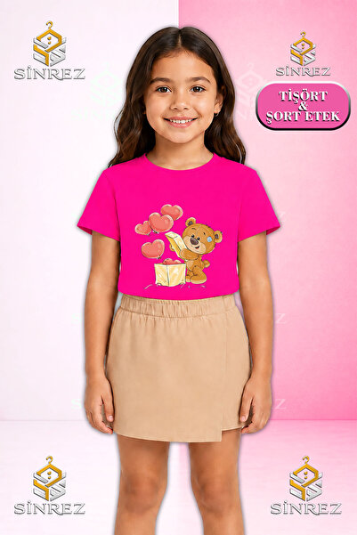 SİNREZ Set pentru fete BEAR BOX HEARTS Tricou cu mânecă scurtă imprimat Fustă...