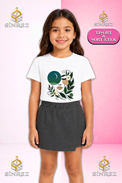 SİNREZ Girl's Set Cicekten Green Girl Face Printed Short Sleeve T-Shirt Short...