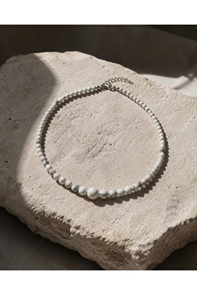 Parla Takı Studio White Gray Natural Stone Howlite Beaded Stylish Women's Nec...