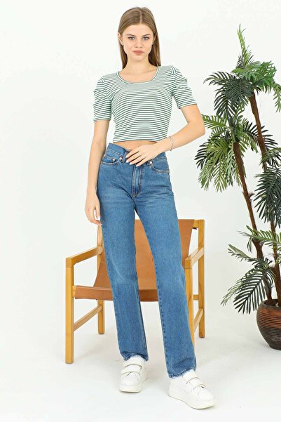 KADIN ÇİZGİLİ KAŞKORSE CROP BALON KOL