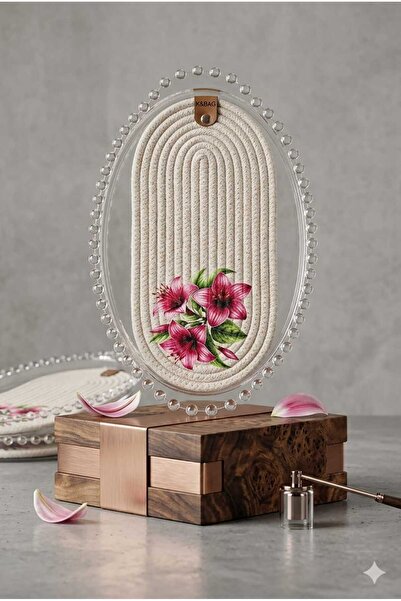 Betülce Acrylic Beaded Oval Tray and Cotton Rope Supla Double Presentation Set