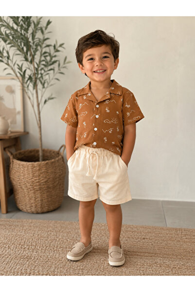 RÜYA KİDS Boy's Holiday Summer Shirt and Linen Shorts 2-Piece Set