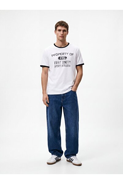 Ltb Varsity Printed Relaxed Fit White T-Shirt with Piping Detail