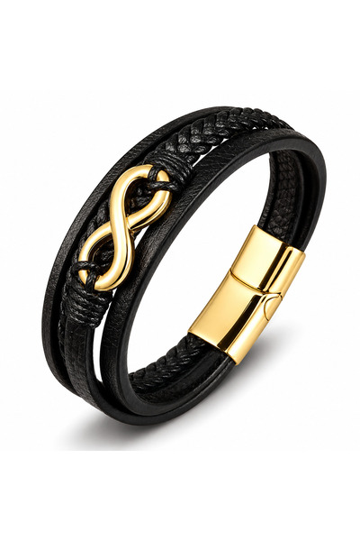 OutfitModa Men's Bracelet Genuine Leather & Stainless Steel IP Gold – Premium...