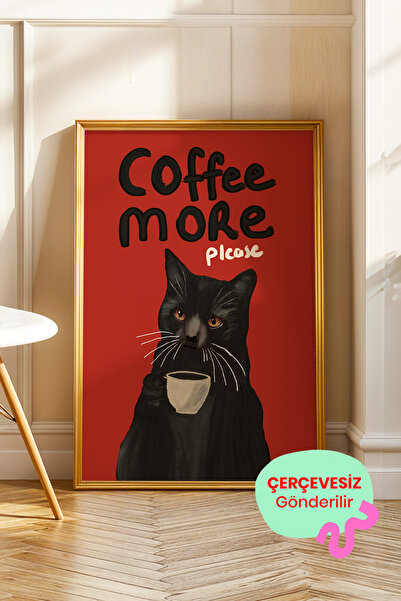 ArtDropsco Kahve İçen Kedi Poster Siyah Kedi İllüstrasyon Duvar Tablosu Çerçe...
