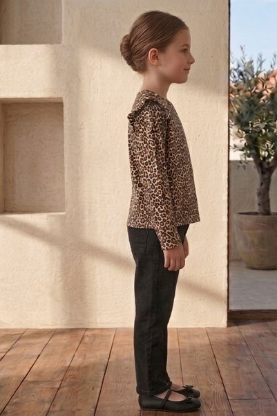 çatı moda Bluză cu mânecă lungă pentru fete, cu imprimeu leopard și detaliu cu volane