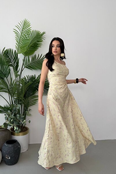 Serica Moda Sarı Çiçek Desenli Tek Omuz Pencere Detaylı Elbise