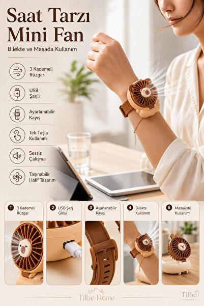 Tilbe Home Ayıcık Usb Şarjlı Mini Fan 3 Hızlı Bilekli Saat Tarzı Masaüstü Taş...