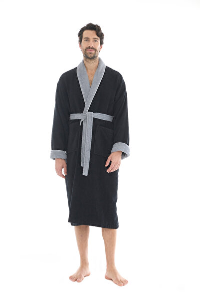 Seritaine Zeus Şalyaka Men's Bathrobe with Gray Collar - Black 100% Cotton