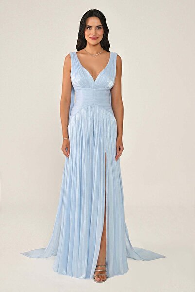 ALFABETA Custom Cut and Sew Shiny Chiffon Deep V Neck Long Dress Alpha Beta