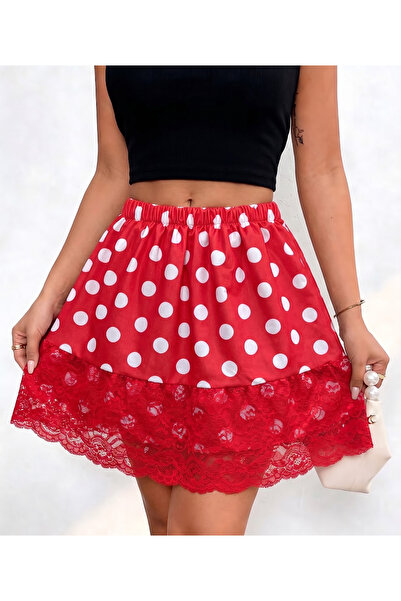 MaxiMor Women's Elastic Waist Lace Detailed Sandy Fabric Polka Dot Mini Skirt...