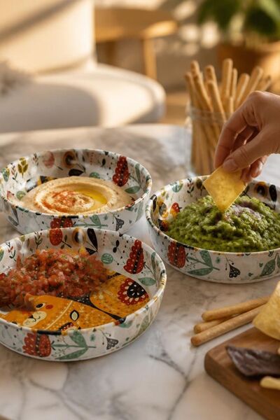 EGESTA Cat Patterned 3-Piece Bowl Set - 3-Piece Snack Bowl, Sauce Bowl - Unbr...