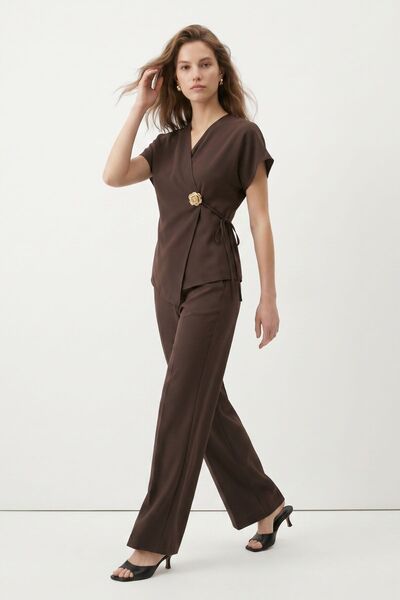 Rays Coffee Flower Brooched Tie-Up Vest Trouser Set 5705