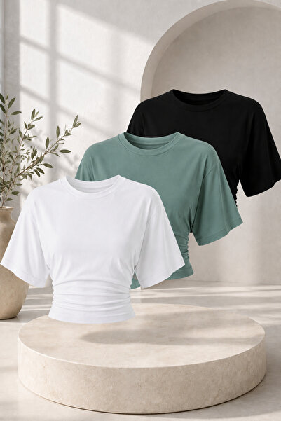COMBİNE MİCHAİL Women's Casual Bat Sleeve 3-Piece Tight Crop Blouse