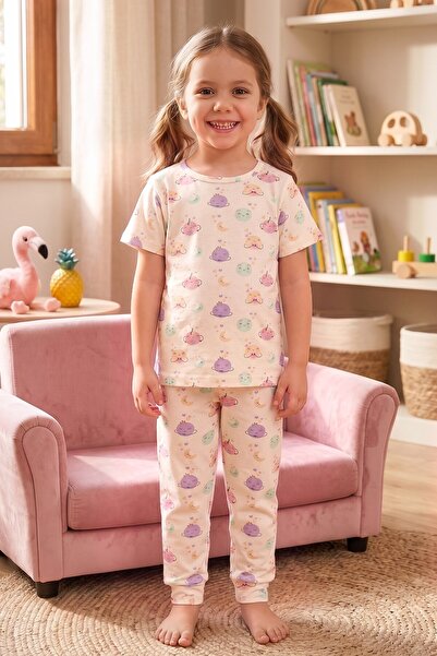 Öts Set de pijamale pentru fete - Mânecă scurtă, pantaloni lungi - Model cu l...