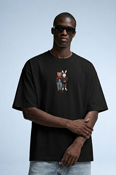 MATERIAL Men's Bear & Rabbit Printed Oversize Black T-Shirt