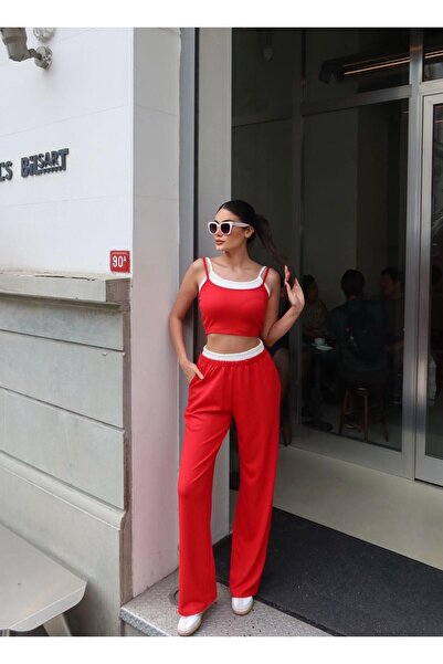 timagna Set de două piese pentru femei, crop top cu bretele, pantaloni largi ...