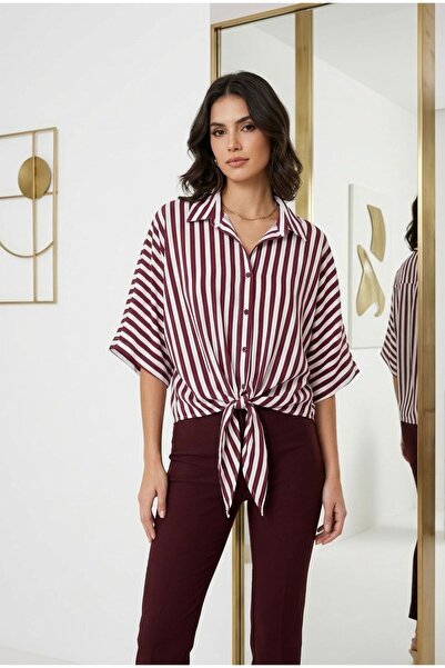 wishne Your Name Striped Front-Knotted Shirt - Summer Short Sleeve Blouse