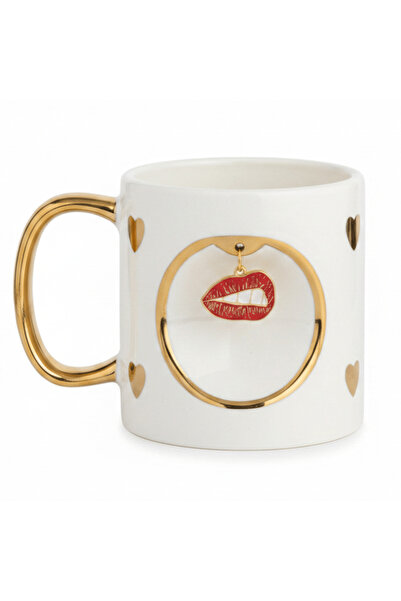AKDC White Ceramic Mug with Gold Handle & Red Lips Charm — 350 ml | Luxury Gi...