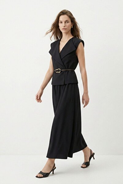 Rays Black Double-Breasted Collared Tie-Waist Vest and Skirt Set 6080