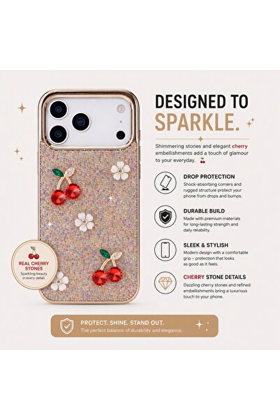 PLM Freya iPhone 17 Pro Max Uyumlu Taşlı Kılıf – Gold Çerçeveli, Kiraz Detayl...