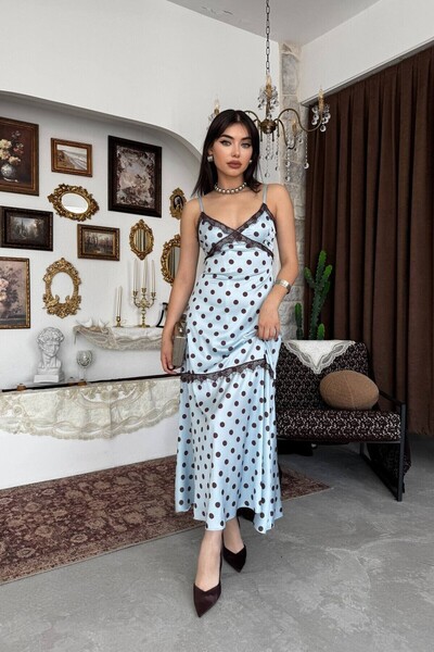 Caddebostan Moda Lace Detailed Polka Dot String Strap Thin Strap Midi Dress