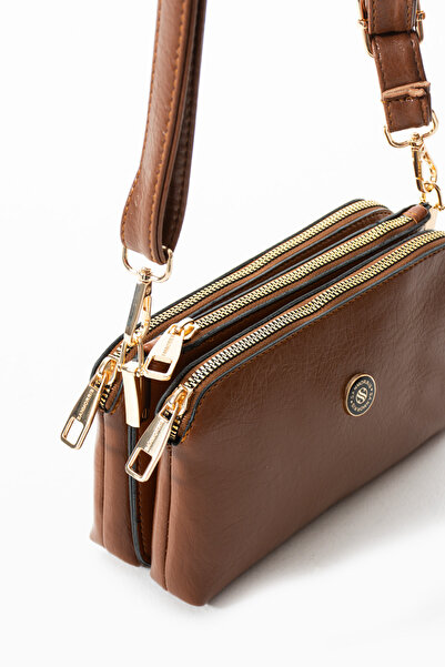 Ayax Tan Women's Faux Leather 3-Compartment Metal Zippered Cross Strap Small ...
