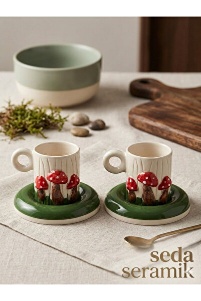 seda seramik Handmade Mushroom Figured 2-Piece Ceramic Coffee Cup Set - 90 ml