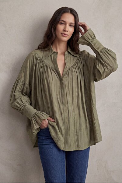 Shooter Sportswear Kadın Oversize Büzgülü Kol Detaylı Düşük Omuz Gömlek