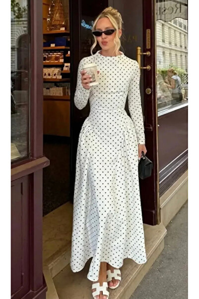 BLACKPERA Women's Long Sleeve High Neck Side Pleated Polka Dot Dress