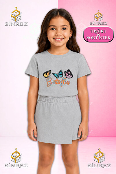 SİNREZ Set pentru fete BUTTERFLY ULLUZIUNE TEXT IMPRIMAT Tricou cu mânecă scu...