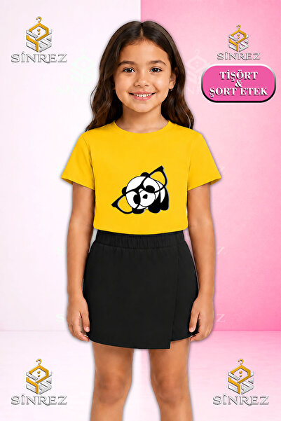 SİNREZ Girl's Set Panda with Glasses Syh Byz Printed Short Sleeve T-Shirt Sho...