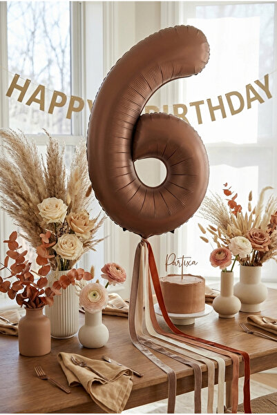 Partixa Çikolata Kahverengi Retro Rakam 6 Folyo Balon 32 İnç 6 Yaş Doğum Günü...