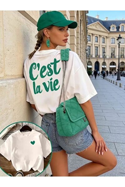 LELVANİ Women's Cest La Vie Green Printed Small Heart Printed T-Shirt