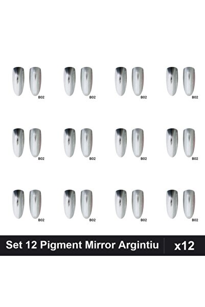 NAİLS Set 12 Pigment Oglindă Mirror Argintiu, Manichiură Gel UV/LED, Efecte S...