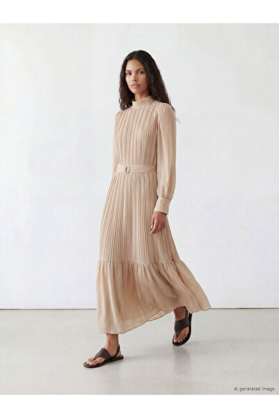 LC Waikiki Nevavm Farkıyla Yaka Beli Belted Pleated Dress