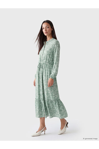 LC Waikiki Peak New Season Hakim Collar Patterned Waist-Slit Dress