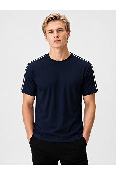 FORMO Tricou de bază pentru bărbați, cu dungi sportive, cu guler rotund și șn...