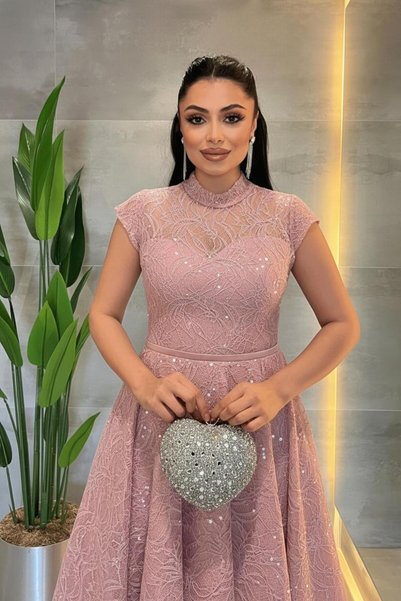 giyimmasalı Dantel Payet Kumaş Midi Elbise - PUDRA