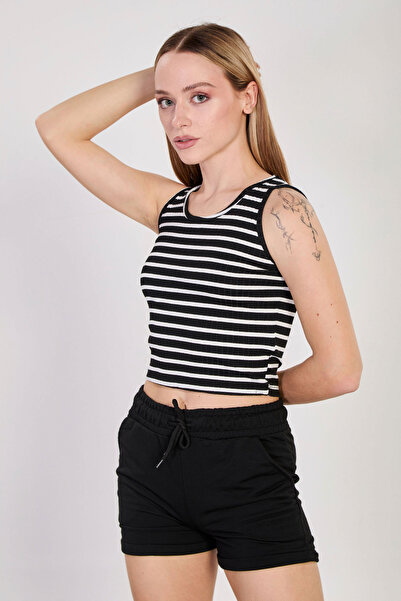 BARRELS AND OIL Women's striped thick strap crop tank - black/white
