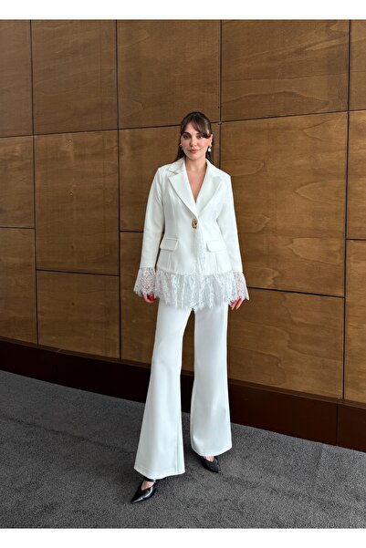 sasilva Dantel Detaylı Blazer Kadın Takım – Ceket ve Geniş Paça Pantolon Kombin