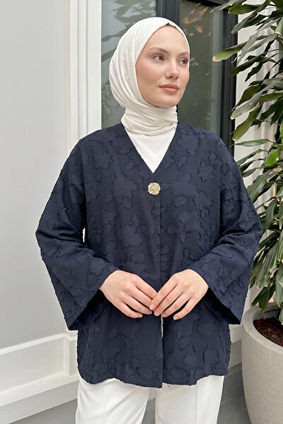 Salih Çelebi Kimono cu detalii jacquard Y0111 - ALBASTRU ÎNCHIS