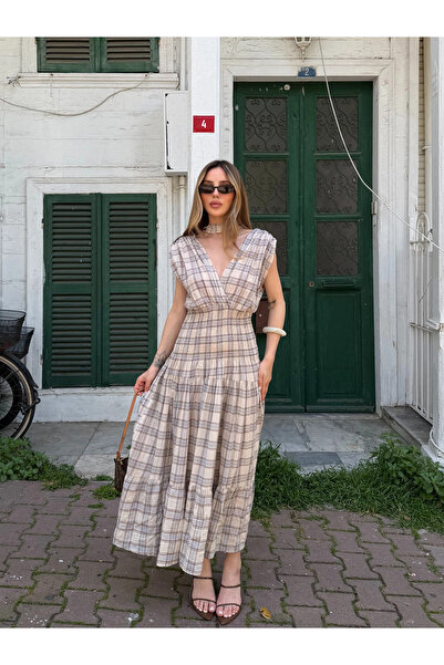 Laluvia Cream Plaid Midi Dress with Belt - 3426