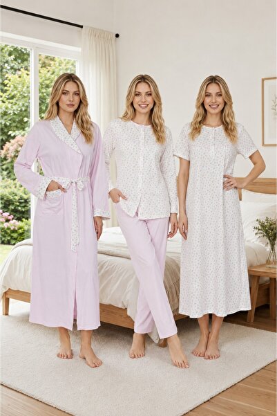 Lohusa Homewear Women's Pink Shawl Collar Patterned Design Lace Detailed 100%...