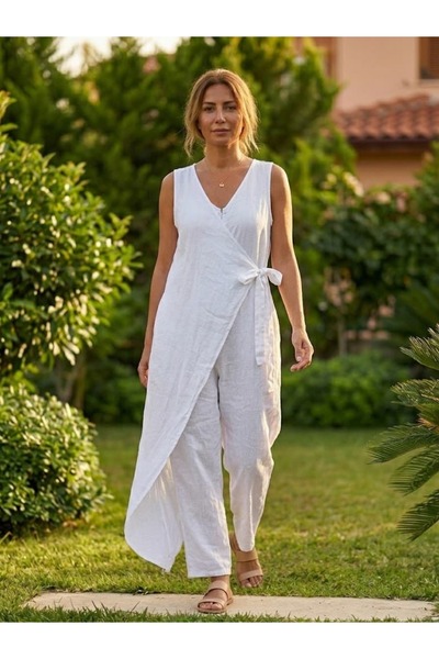 Punta Otantik Yg18021 Italian Tie-Up Sleeveless Linen Jumpsuit White