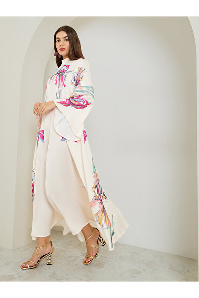 Amirah By Styli Cream Floral Jalabiya with Back Bow Detail