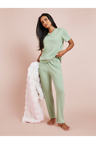 Styli Green Rib V Neck Drop Shoulder T-Shirt and Pyjama Set