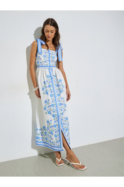 Styli Blue Floral Print Tie-Strap Maxi Dress