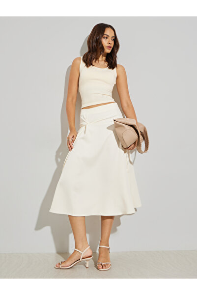 Styli Cream Knot Detail Twill Look Midi Skirt