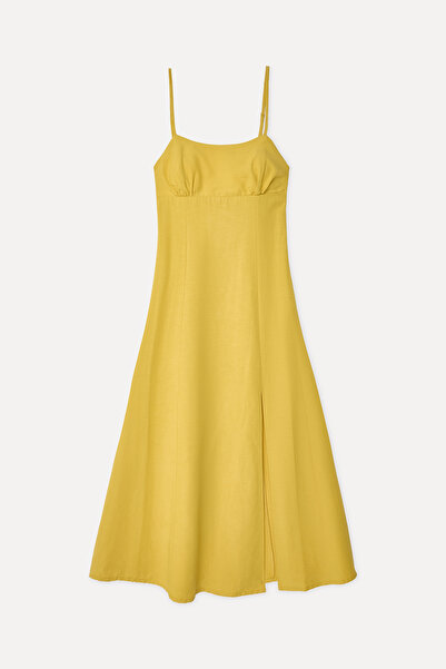 Mudo Women's Yellow A-Form Sleeveless Long Linen Dress